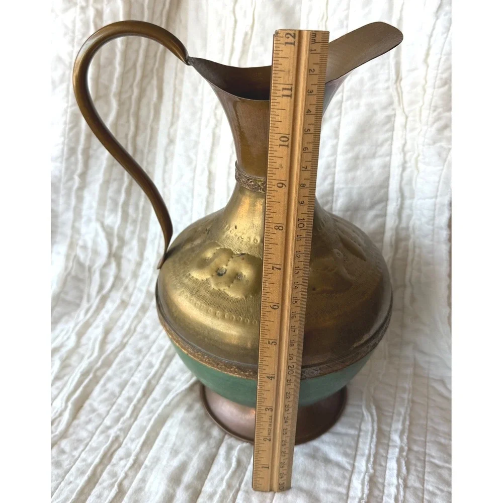 Vintage Copper Brass Decorative Pitcher Vase Embossed Patina Home Decor 12in
